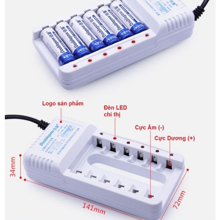 Combo Bộ sạc pin 6 khe đa năng + 6 pin sạc AAA 1250 mAh Doublepow