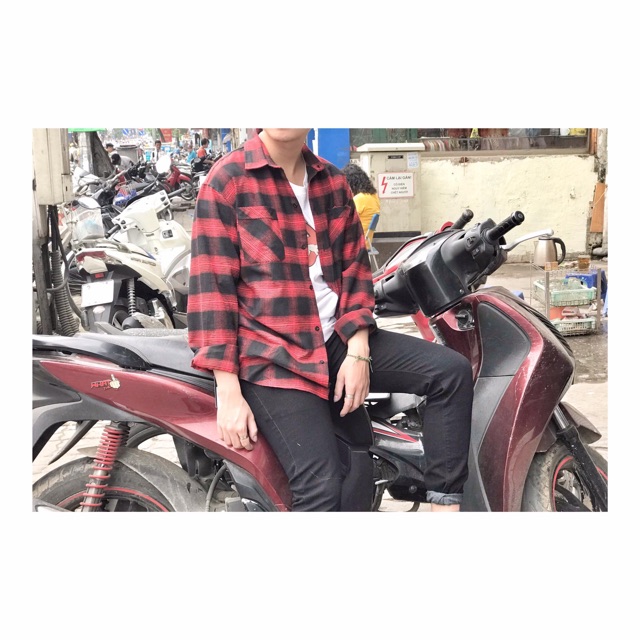 mẫu áo sơmi Flannel Đỏ Sọc Đen