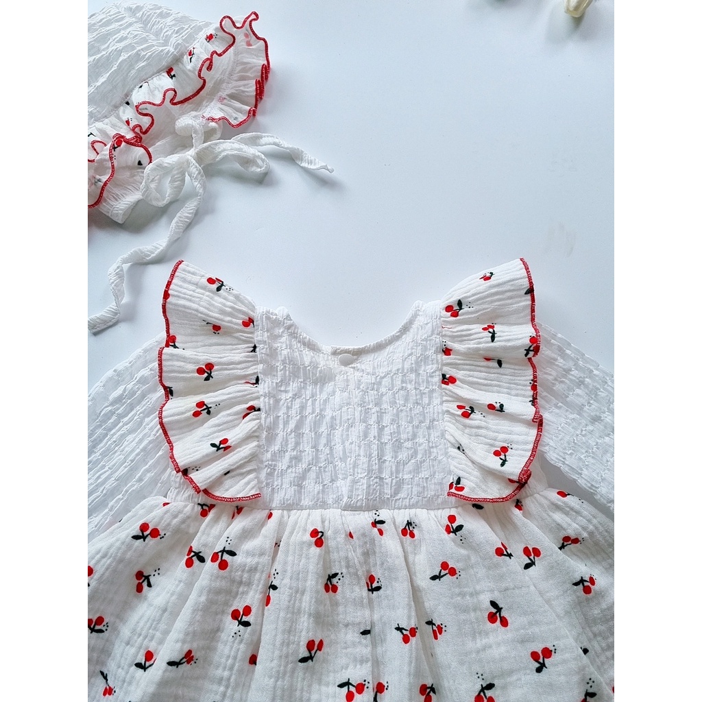Bodysuit cho bé gái sơ sinh kèm nón chất liệu siêu mềm mát ⚡𝗙𝗥𝗘𝗘𝗦𝗛𝗜𝗣⚡ Set Body váy cho bé gái họa tiết cherry dễ thương