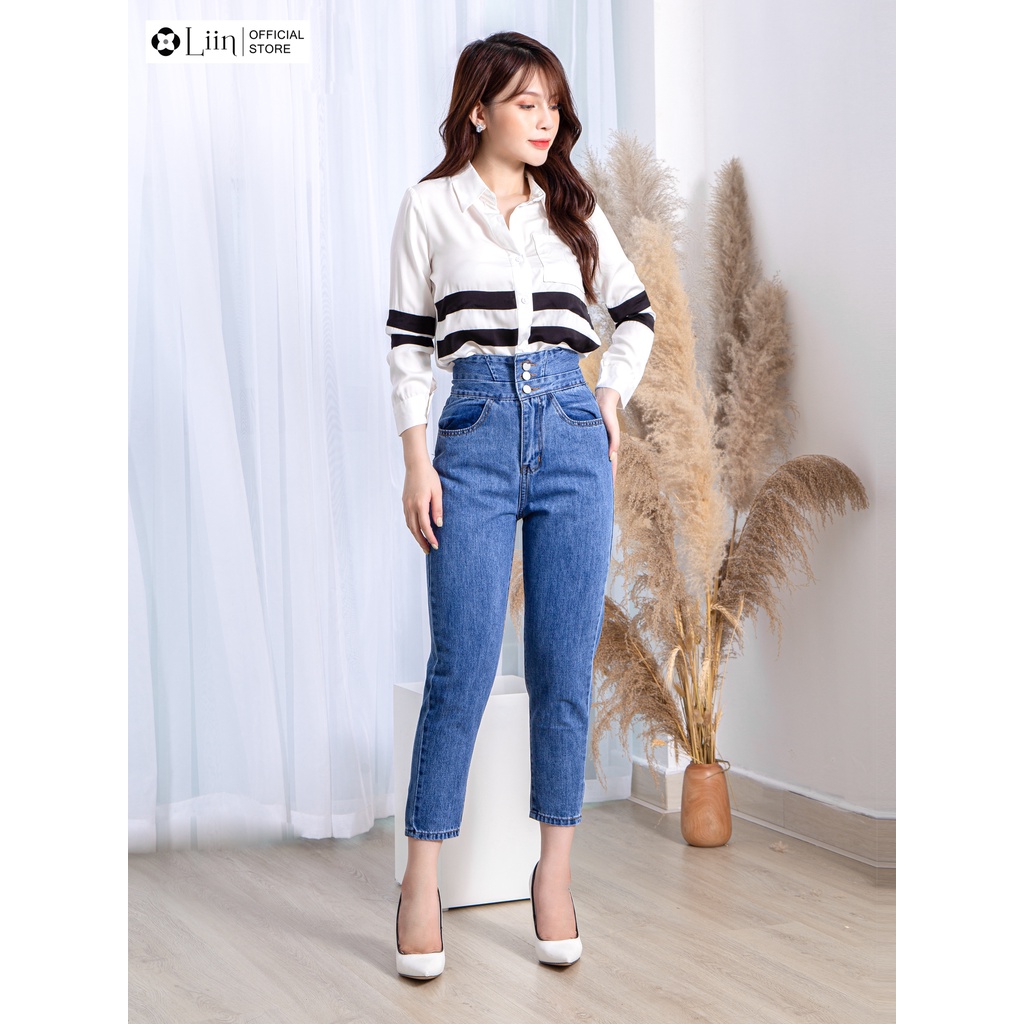 Quần Jean xanh 3 Cúc thiết kế cạp cao, phong cách cá tính, năng động Liin Clothing Q3462