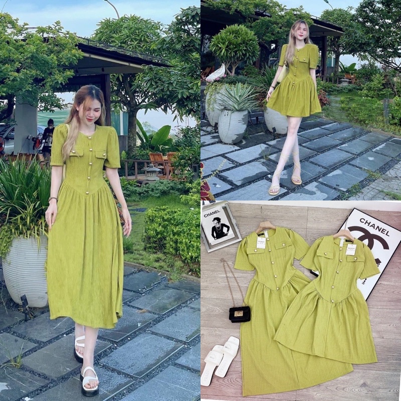 Váy Tiểu Thư Nhún Eo Tay Bồng Mầu Xanh Cốm