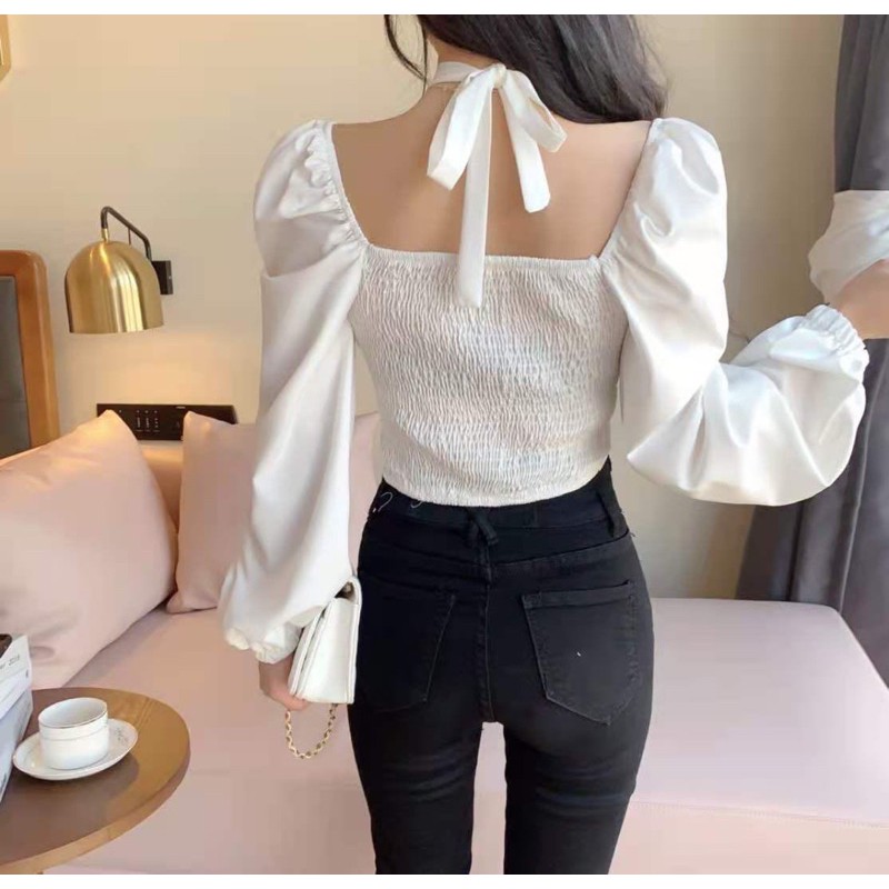 [Có sẵn+ảnh thật] Áo sơmi thắt nơ ngực croptop bèo nhún sexy | BigBuy360 - bigbuy360.vn
