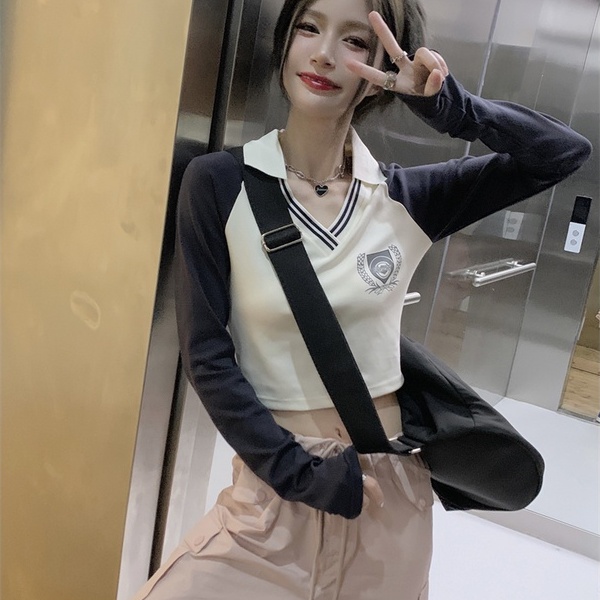 ZHELIHANGFEI Áo Dệt Kim Cổ POLO Lưng Cao Hở Eo Thiết Kế Quyến Rũ Cho Nữ