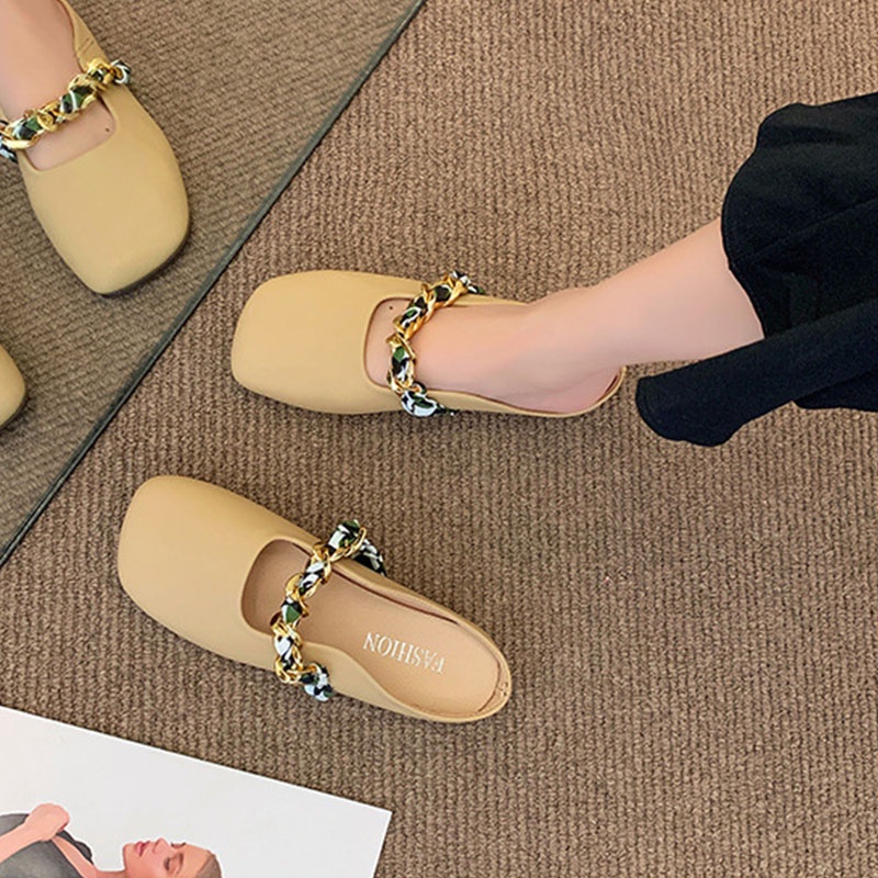 Dép xỏ ngón XIELUAIZTA đế thấp phối dây xích kim loại thời trang Hàn Quốc cho nữ