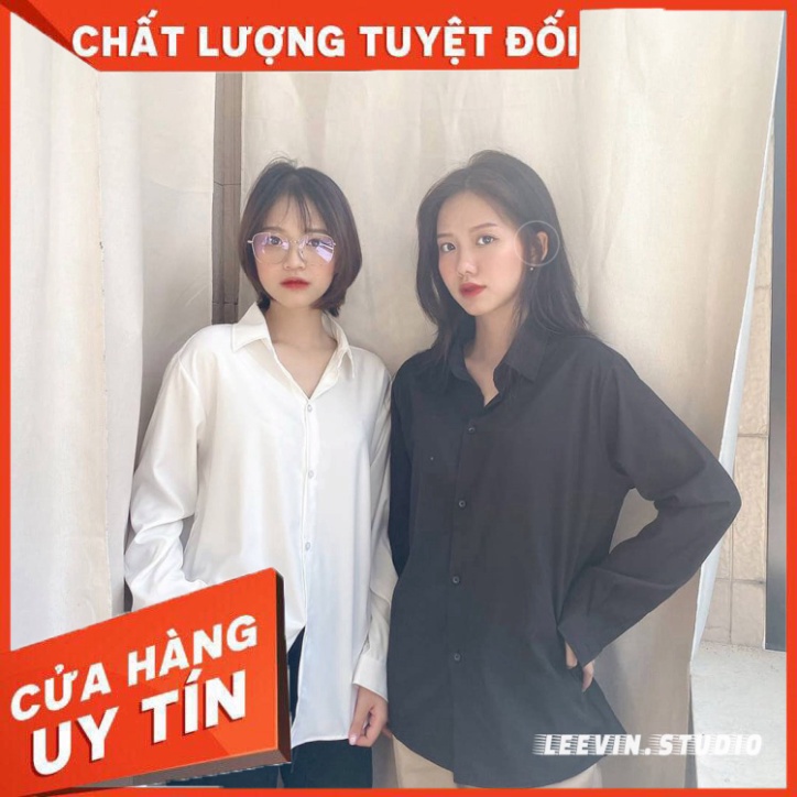 Áo Sơ Mi Nữ Form Rộng TRƠN Basic Unisex Dài Tay Trắng và Đen Kiểu áo sơ mi nữ Bigsize suông Leevin Store - Hàng nhập khẩ