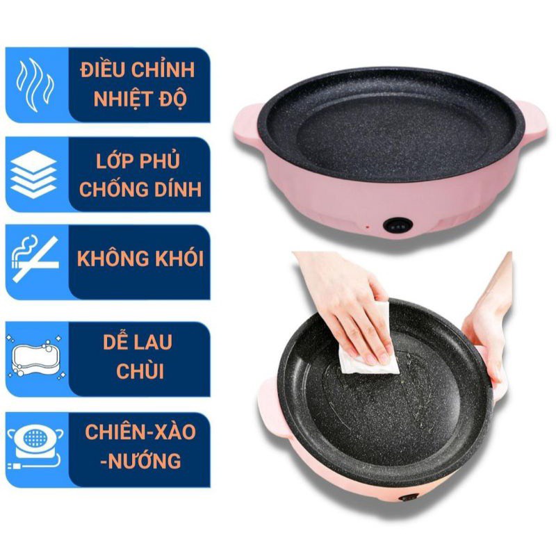 Chảo chống dính nướng điện mini chiên, xào 2 nấc G01 ngắt điện an toàn công xuất lớn vân đá tiện lợi vệ sinh 26cm