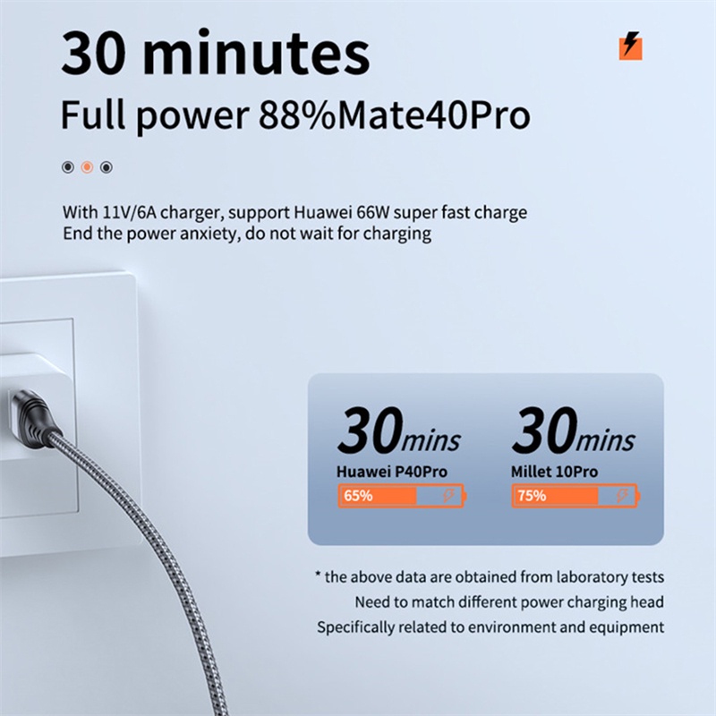 66W 6A Super Charge Type C Cáp sạc Nylon bện SCP USB C Type-c Bộ sạc điện thoại di động Dây dữ liệu cho Mate 40 Pro