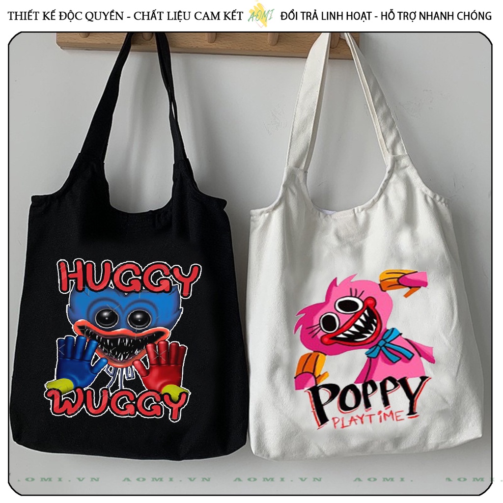 TOTE CANVAS Poppy Playtime Huggy Wuggy FORM TRÒN TÚI VẢI ĐEO VAI BAG NÚT BẤM SIZE LỚN AOMIVN DU LỊCH DẠO PHỐ CÁ TÍNH