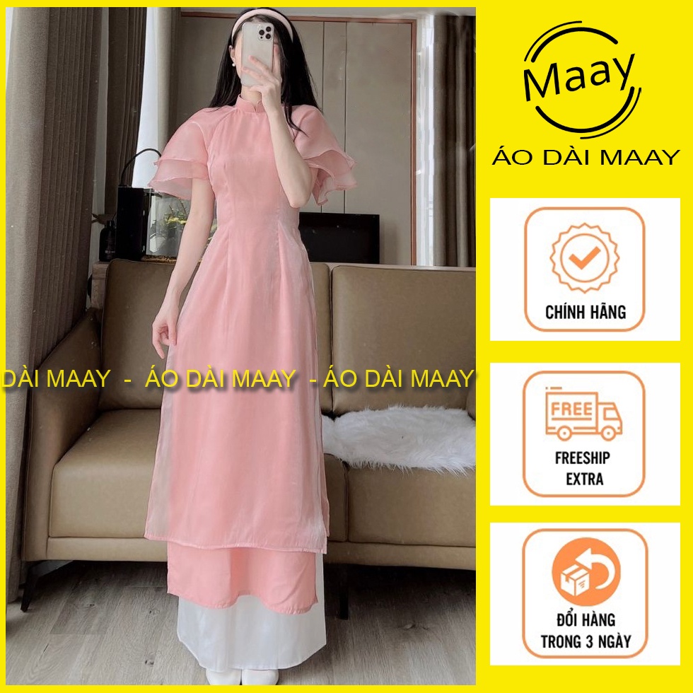 Áo dài cách tân von vai bồng màu trắng/hồng 4 tà phù hợp đi ăn cưới, sự kiện MAAY