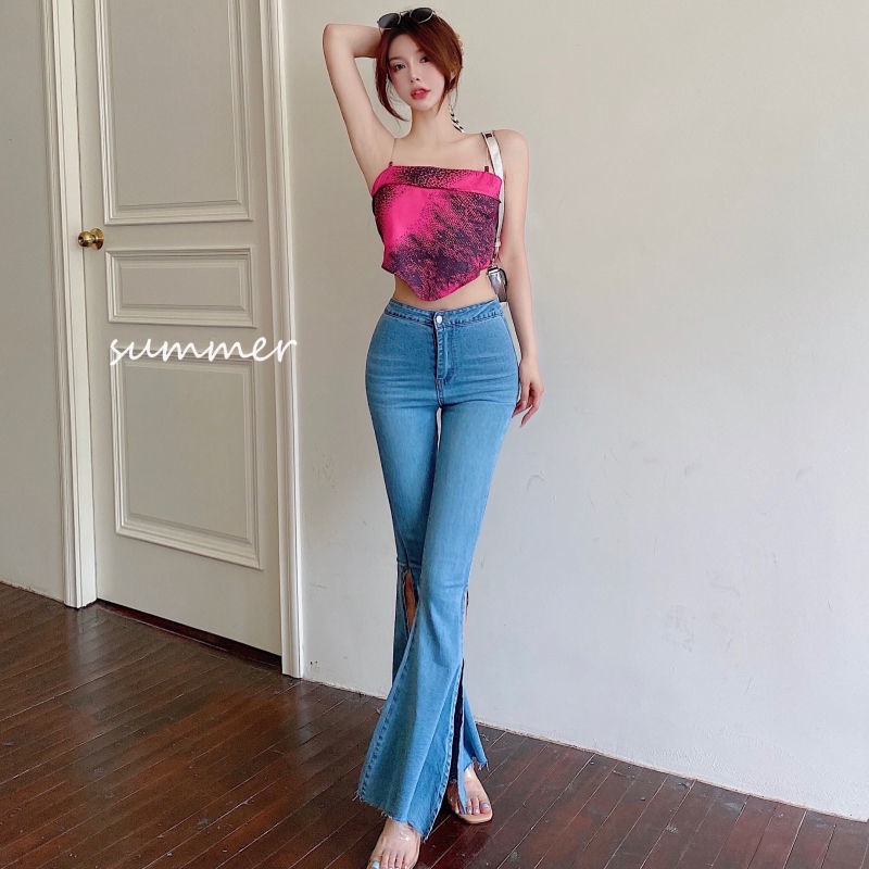 Jiashucheng Hyuna Quần Jean Dài Ống Loe Xẻ Tà Cạp Cao Ôm Dáng Phong Cách Mùa Xuân Mới Cho Nữ