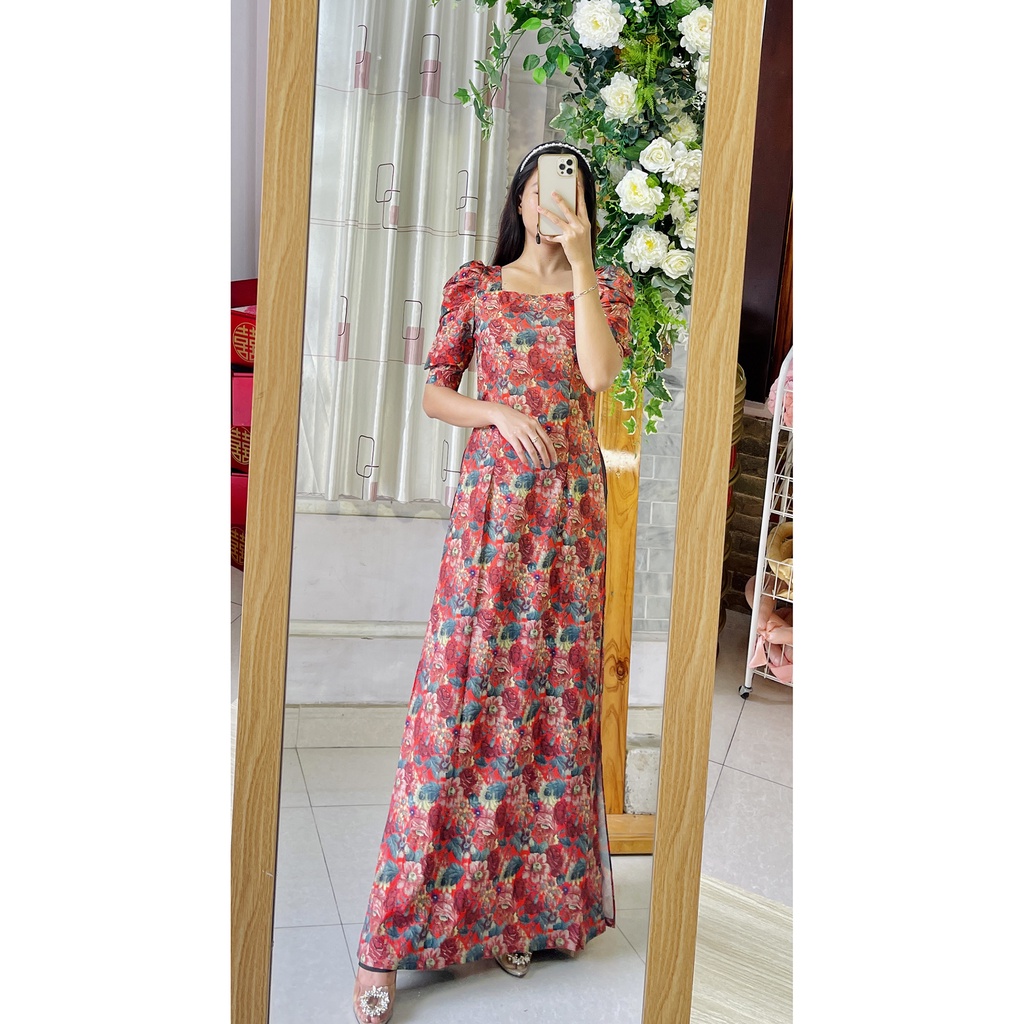 Áo dài cô ba sài gòn tay phồng họa tiết gạch bông retro vintage