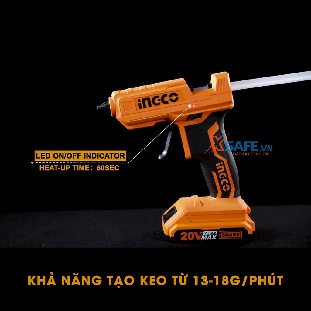 Súng bắn keo nến INGCO CGGLI2001 dùng pin Lithium 20V, súng bắn keo mini tặng kèm theo 2 cây keo nến 11.2mm