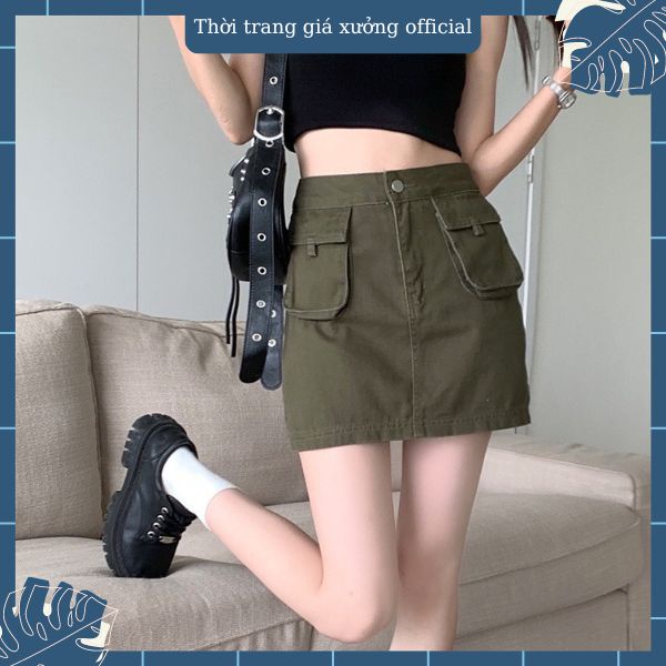 Chân váy jean  túi hộp 2 màu Đen/ Rêu