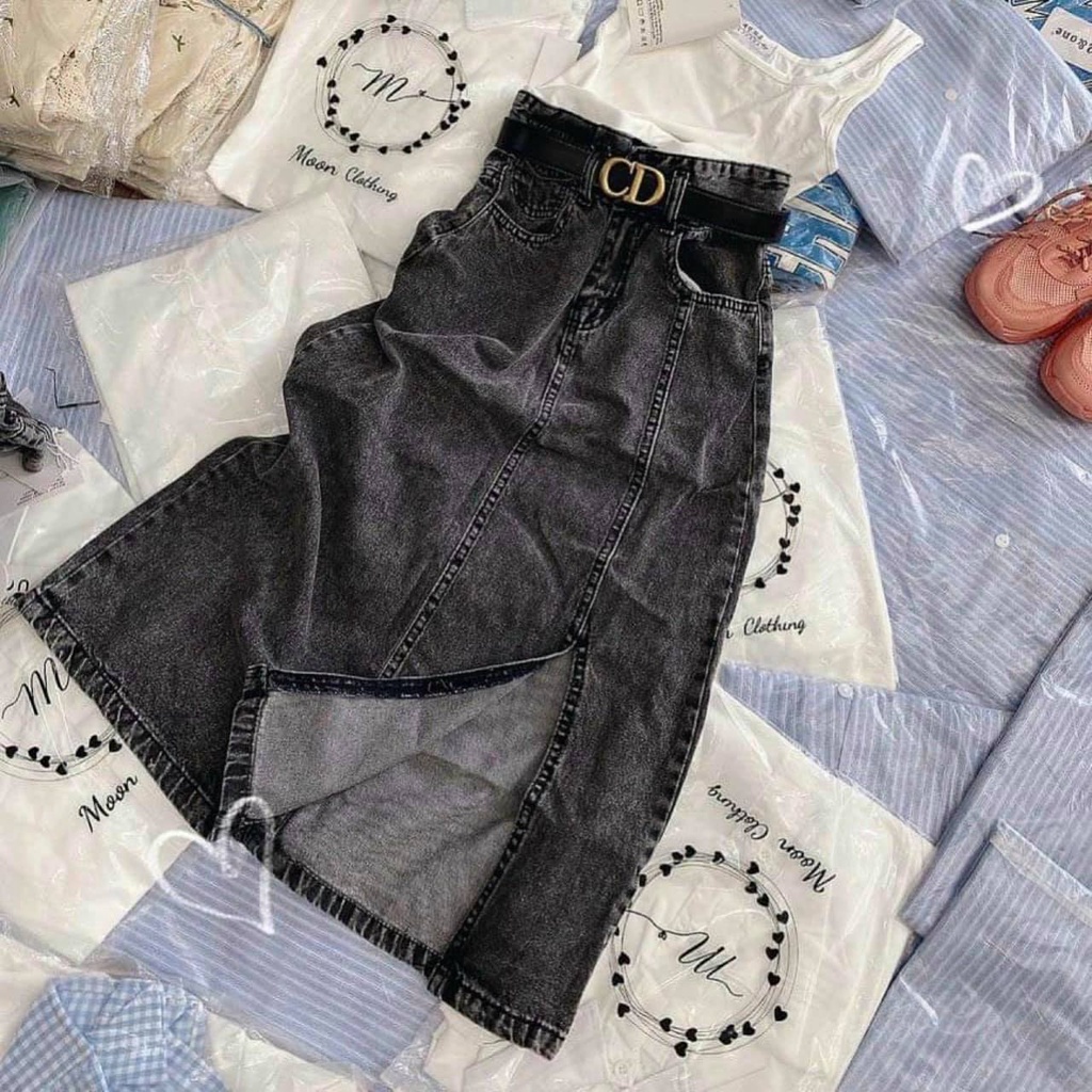 Chân váy jean dáng dài chất bò dày dặn hai cúc màu đen khói CV1