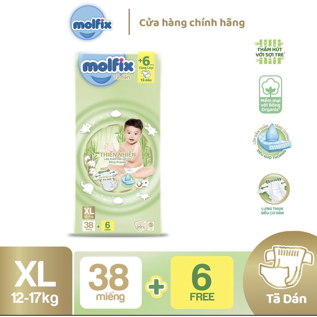 Tã/bỉm quần / dán Molfix thiên nhiên S46/M48/L44/XL40/XXL36/XXXL30