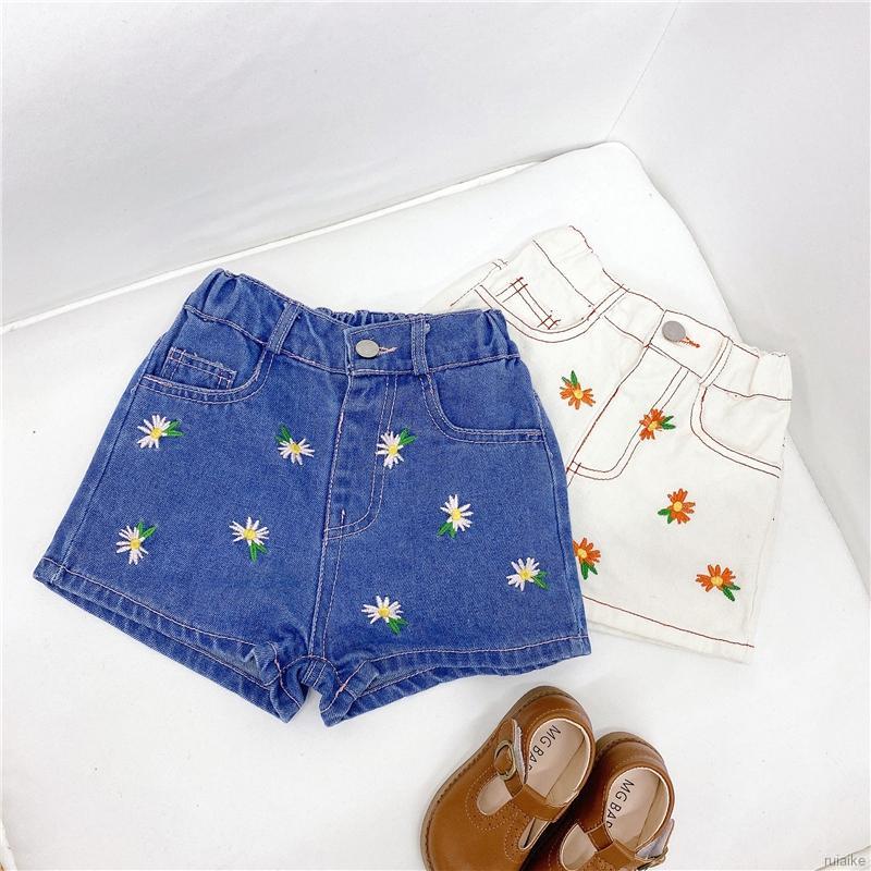 Quần Short Denim Lưng Thun Thêu Hoa Cúc Thời Trang Dành Cho Nữ