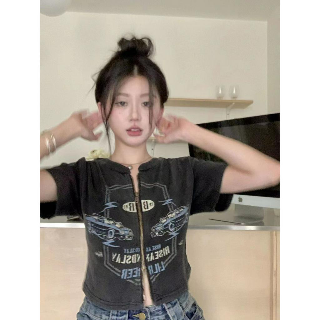 Ethelgirl  Thun Tay Ngắn Hai Đầu Có Khóa Kéo In Họa Tiết Cổ Điển Phong Cách Mỹ Thời Trang Cho Nữ