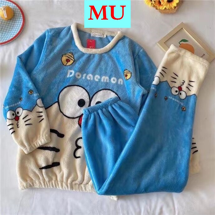 Bộ đồ ngủ lông cừu san hô flannel nhung họa tiết mèo máy đeo chuông Doraemon xanh dương thời trang thu đông dành cho nữ