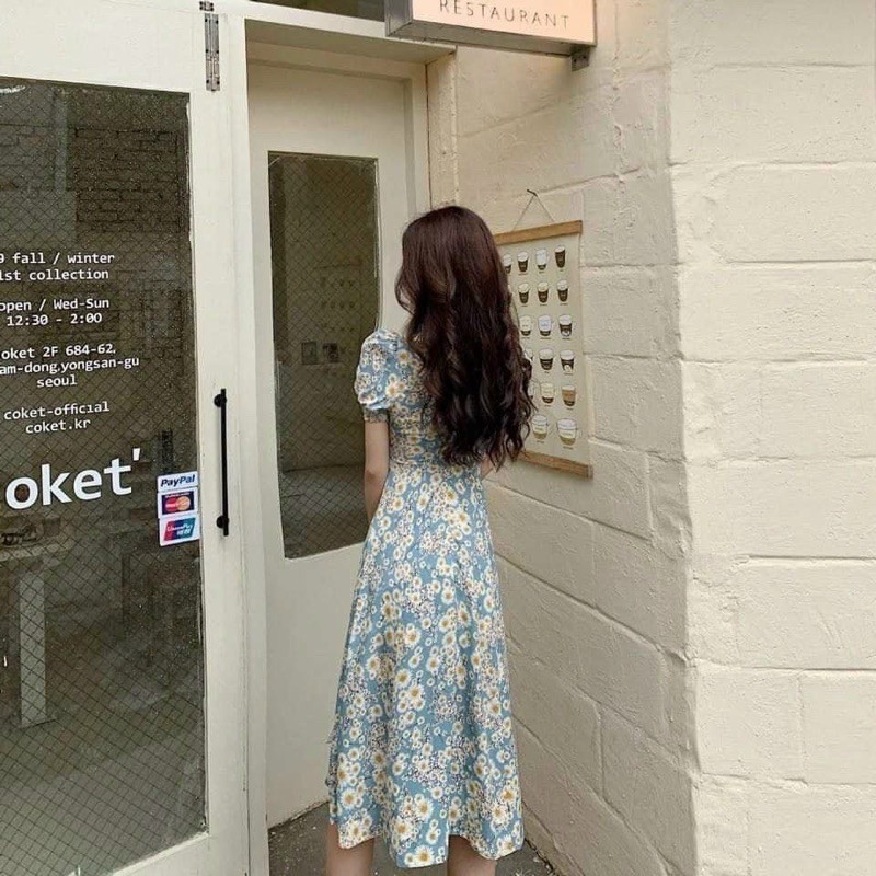 váy hoa xanh cổ V dúm ngực xẻ tà | BigBuy360 - bigbuy360.vn