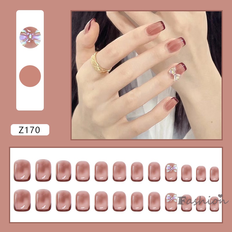 Set 24 móng tay giả màu đỏ trong suốt có thể tháo rời