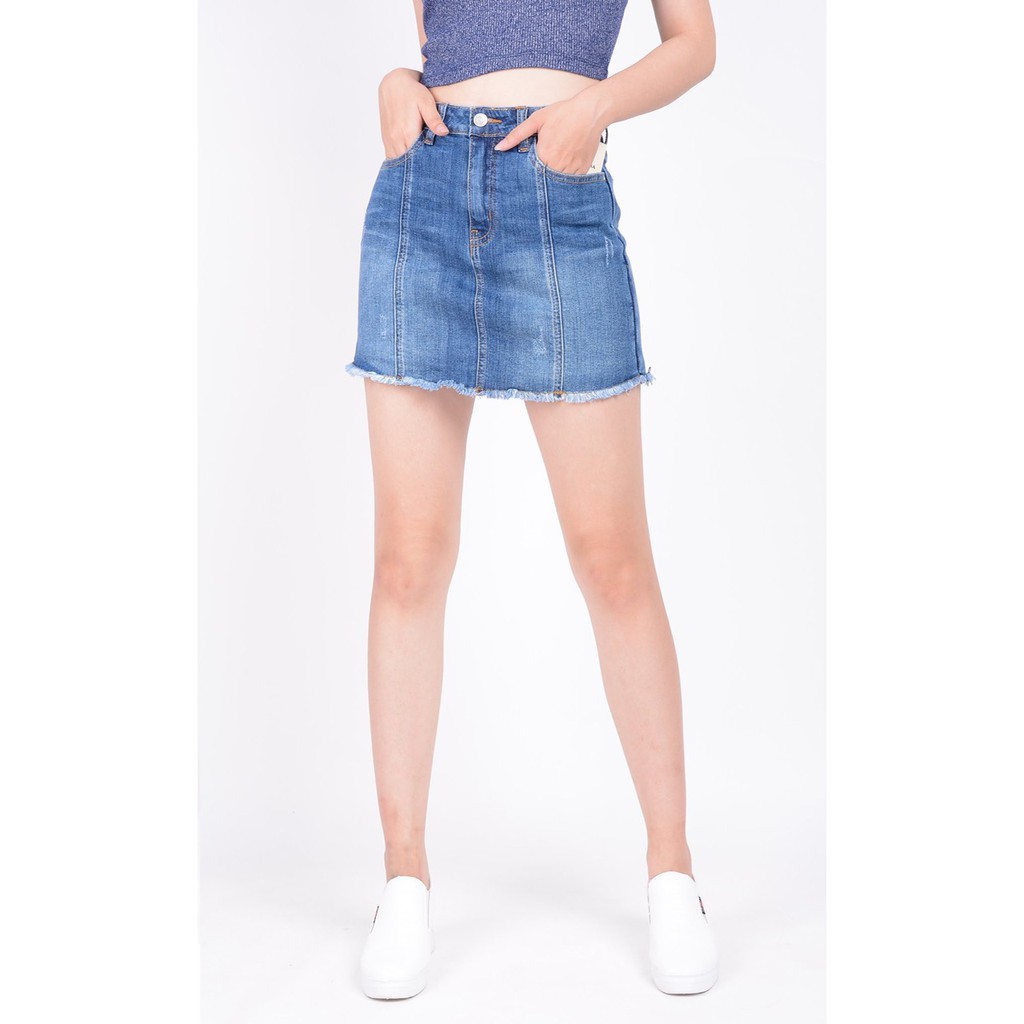 Chân váy jean nữ có quần bên trong đẹp lưng cao cạp cao xước nhẹ gân gấu tua rua hàng hiệu cao cấp mã 4160 VANIZEN