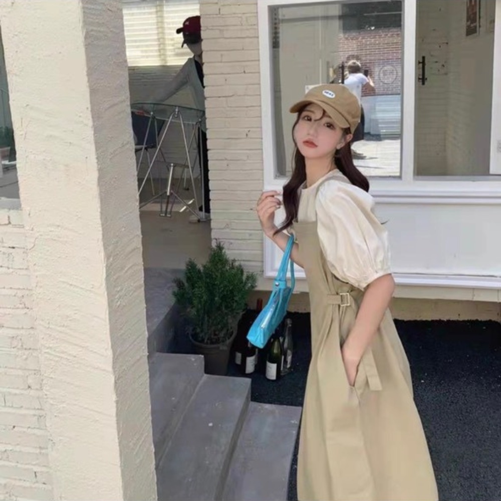 Váy yếm nữ kèm áo tay bồng đầm dự tiệc váy cưới phong cách tiểu thư Hàn Quốc hai màu đen, kaki thời trang