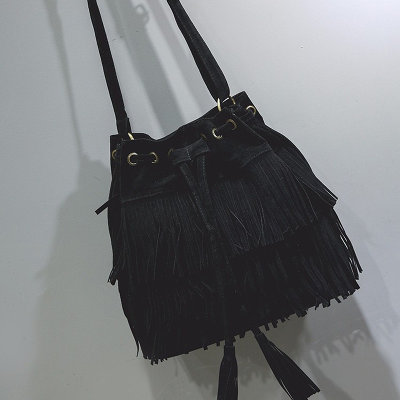 IELGY Túi Xách Rút Dây Đeo Chéo Mềm Mại Phối Tua Rua Thời Trang Cho Nữ