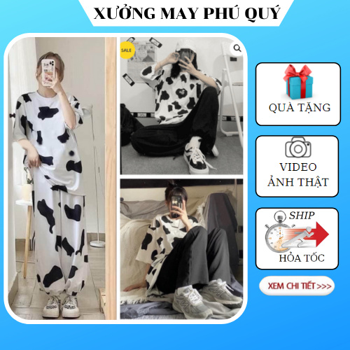 Set áo thun in hình bò sữa mix quần tưa gấu,quần bo chun Form Rộng Unisex Phong Cách Ulzzang