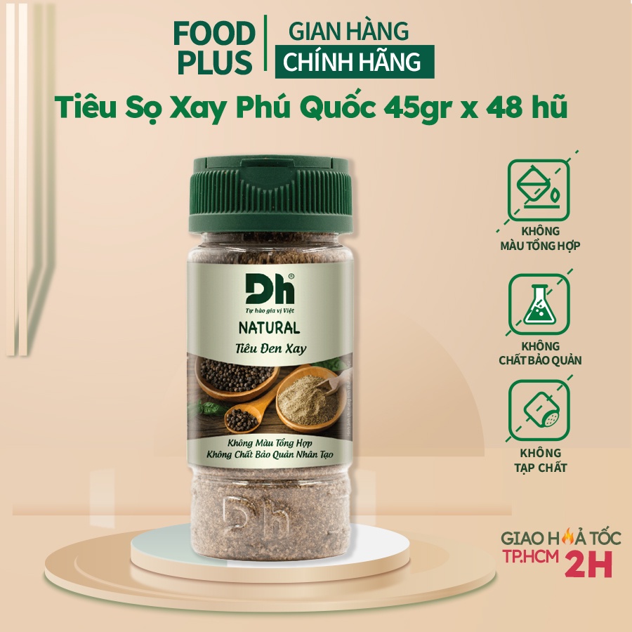 Tiêu Sọ Xay Phú Quốc Food Plus - Hạt Tiêu Nguyên Chất Chế Biến Thực Phẩm 45gr x 48 hũ