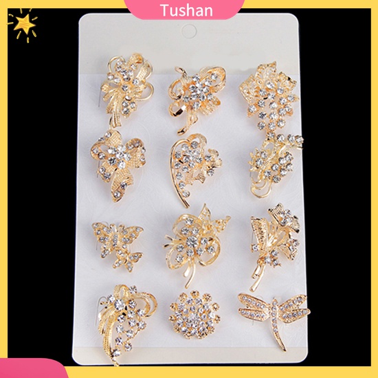 Set 12 Ghim Cài Áo Hình Bông Hoa / Bươm Bướm Đính Đá Thời Trang