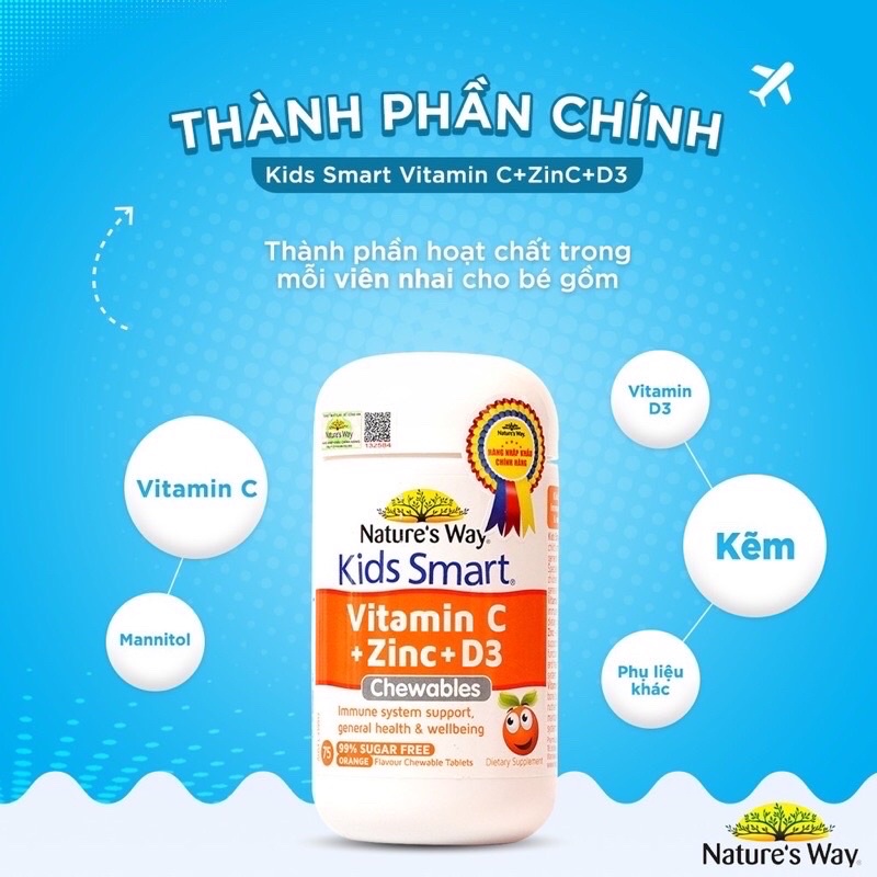 [ Chính hãng] Viên nhai Nature's Way Kids Smart Vitamin C+ZinC + D3 Chewables ( Úc )