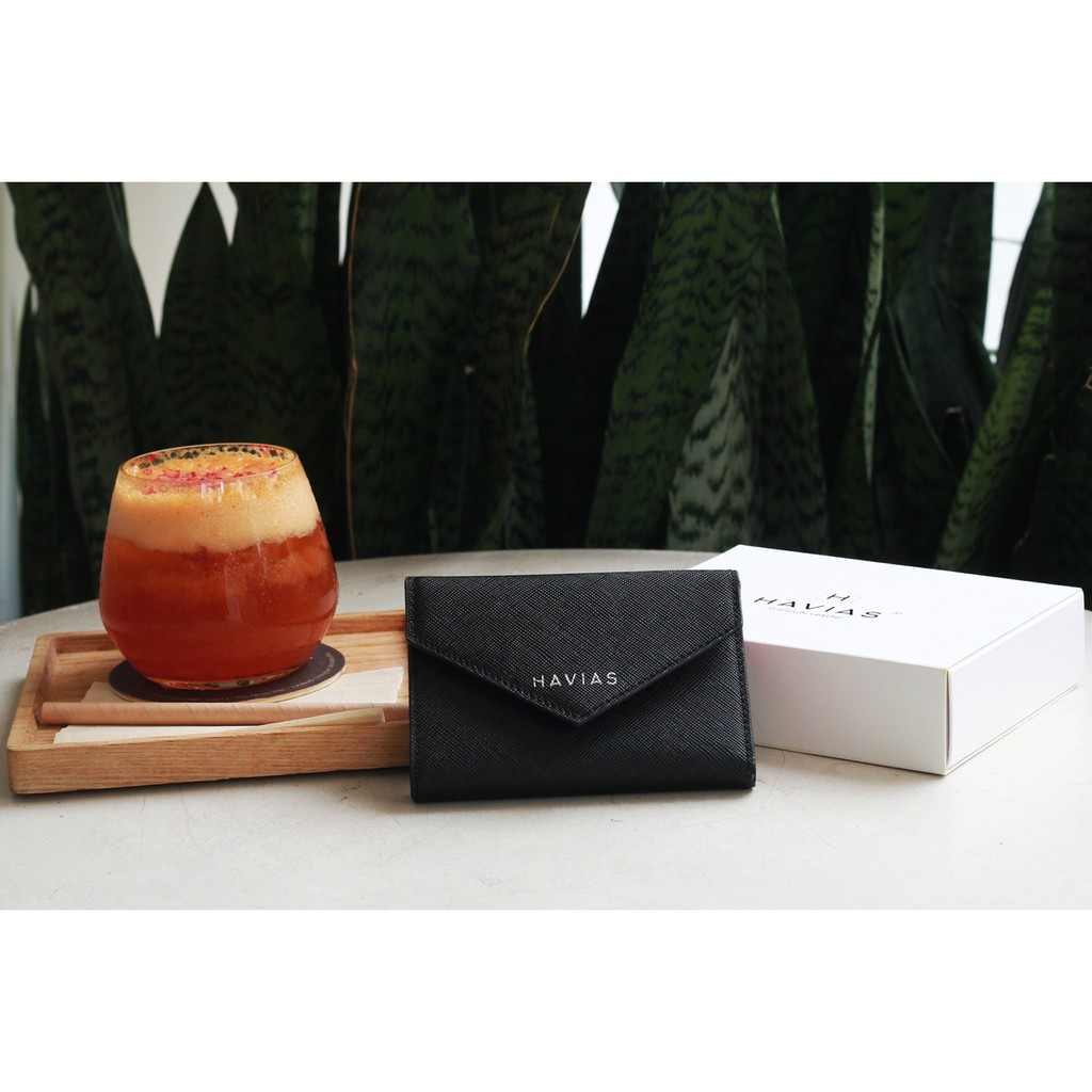 HEART2 HAVIAS ví gấp mini da bò thật Saffiano Ý 100%