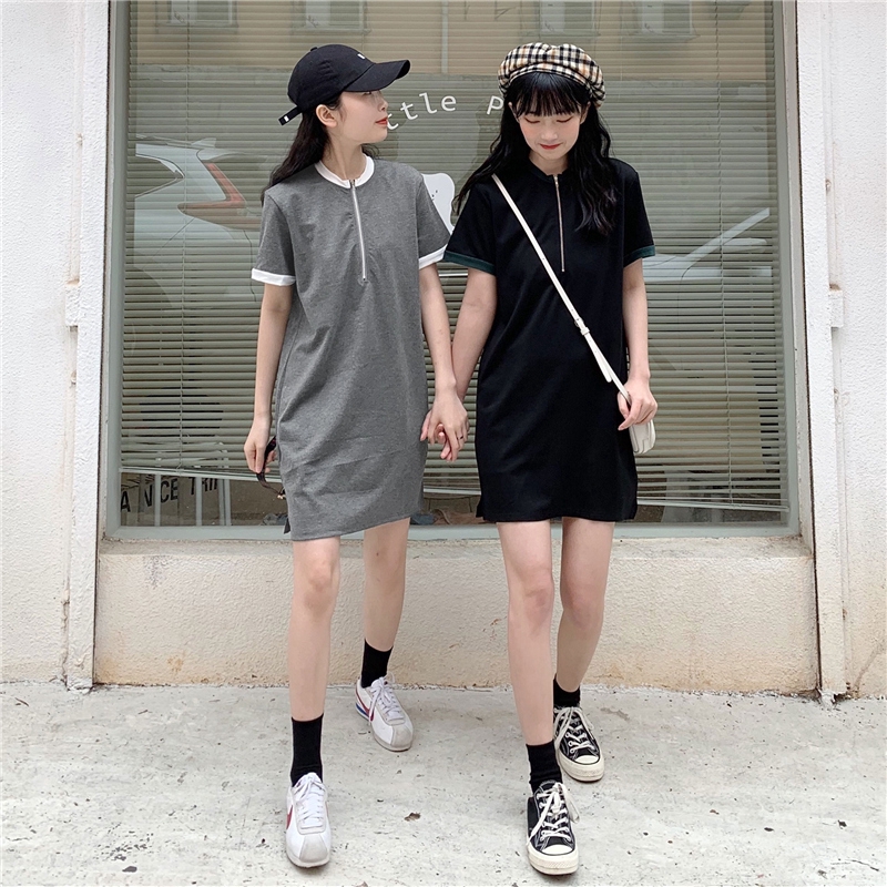 SUXI Đầm thun ngắn tay màu trơn phối khóa kéo phong cách trẻ trung năng động cho nữ