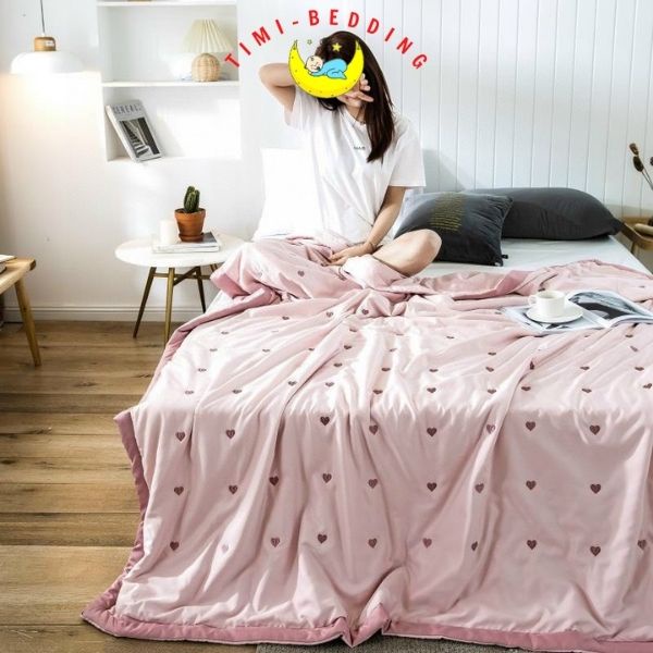 Chăn hè lụa tencel 60s thêu tim 1,7kg nhập khẩu cao cấp, mát mẻ - mền lụa – Timibedding