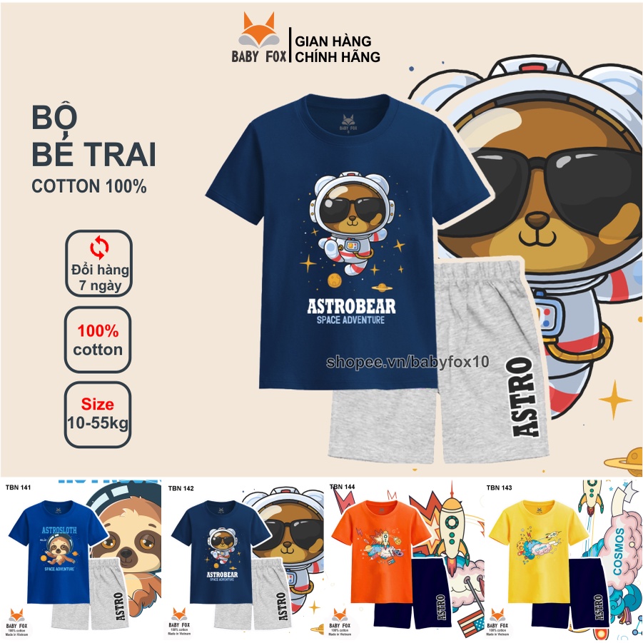 Bộ bé trai size nhí, trung, đại 100% cotton loại tốt, thương hiệu BABY FOX, hình vũ trụ, size 10-55kg g