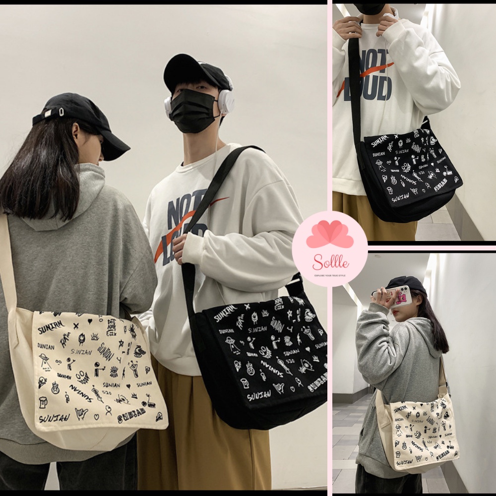 Túi tote đeo chéo nam nữ đi học vải canvas cặp đeo vai unisex ulzzang hoạt hình Sollle
