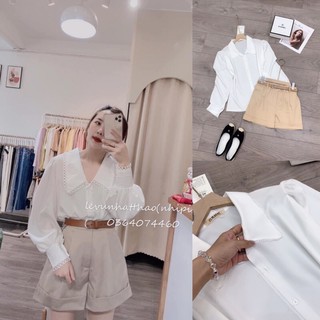 Sét Áo Sơ Mi Cổ Bẻ Mix Sooc Kaki Kèm Dây Lưng Cho Các Bạn nữ