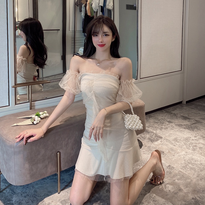 Bắn thật sự◆Đầm Ngắn Trễ Vai Ôm Dáng Phối Lưới Phong Cách Thời Trang Mới 2022