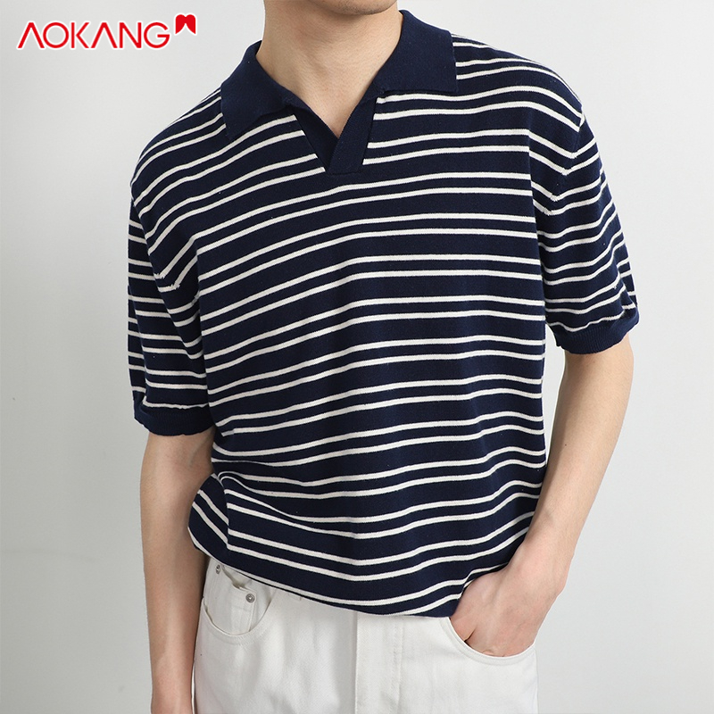 Áo thun polo Aokang tay ngắn cổ chữ V in kẻ sọc phong cách mùa hè đơn giản cho nam