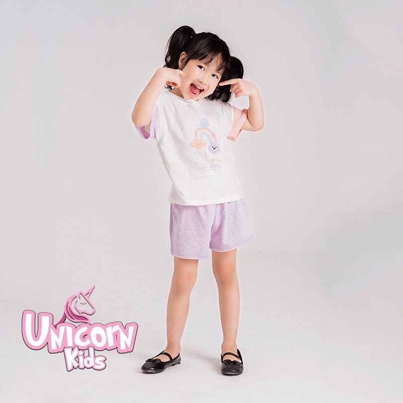 Bộ quần áo bé gái Unicorn Kids hình cầu vồng sắc màu chất liệu 100% cotton hữu cơ, từ 1- 5 tuổi cân nặng từ 8.5 - 22kg