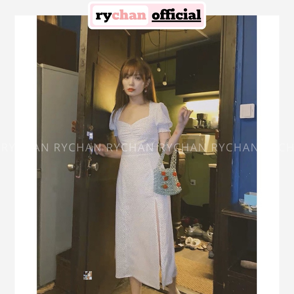 Đầm Xòe Bi Trắng Nhún Ngực Xẻ Tà 2 Lớp Lót Trong Dày Dặn - DX810