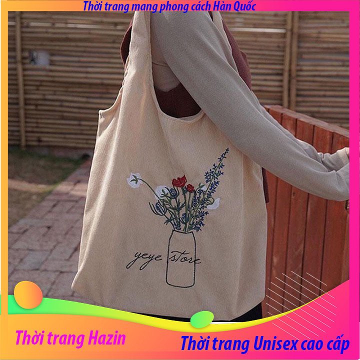 Túi tote vải bố đựng đồ canvas in hình bình hoa phong cách Hàn Quốc