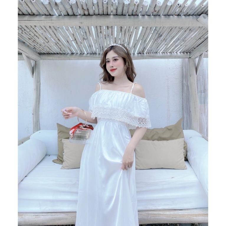 [Freeship] Đầm maxi đu biển rớt vai phối ren, váy đi biển new