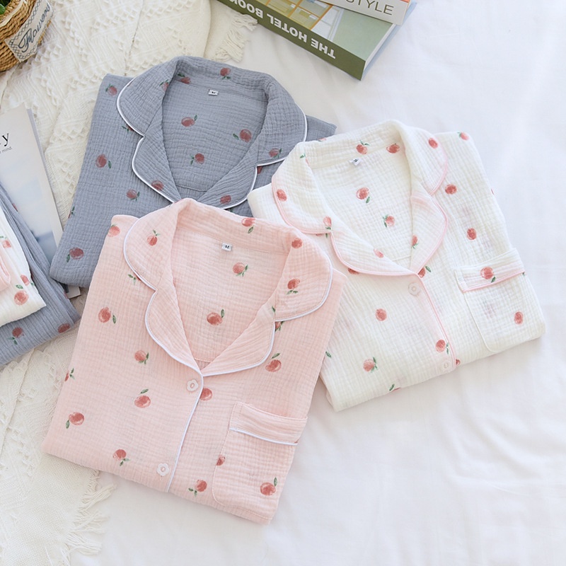 Bộ pijama xô muslin dài tay - mẫu trái đào nhỏ