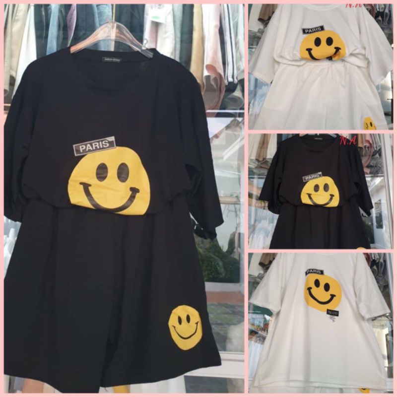 Set Quần Short Mặt Cười Nam Nữ [FREESHIP]  Bộ đồ culottes phông form rộng tay lỡ học sinh Ulzzang  Mặc nhà; đi chơi hè