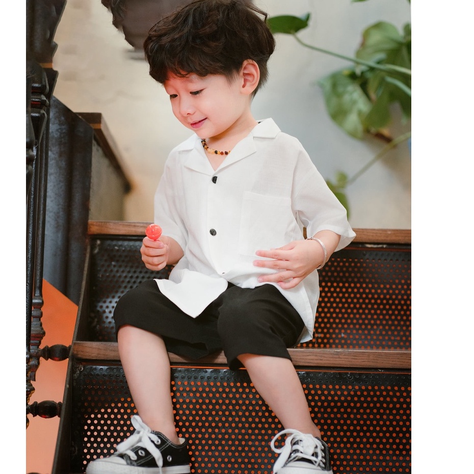 Bộ quần áo bé trai , bộ đồ bé trai áo cổ 2 ve chất Thô muji nhật bản