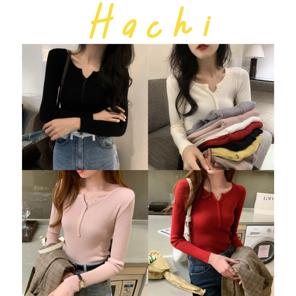 Áo len tay dài cổ chữ V dáng ôm hàng Quảng Châu 11 màu (Freeszie) - Hachi