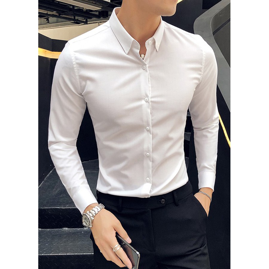 Áo Sơ Mi Nam Đen Cổ Bẻ Chất Lụa Mịn Chống Nhăn Phong Cách Trẻ Trung