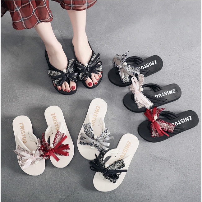 Dép họa tiết nơ thời trang đi biển mùa hè cho nữ