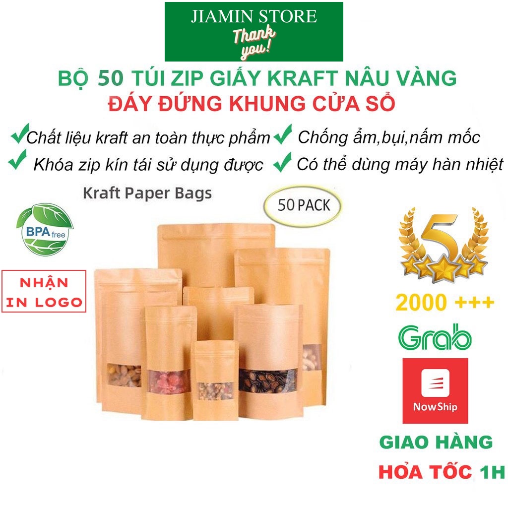 Túi zip đựng bảo quản thực phẩm thức ăn, chống nước , sét 50 túi zip giấy Kraft đáy đứng có cửa sổ vàng JIAMIN